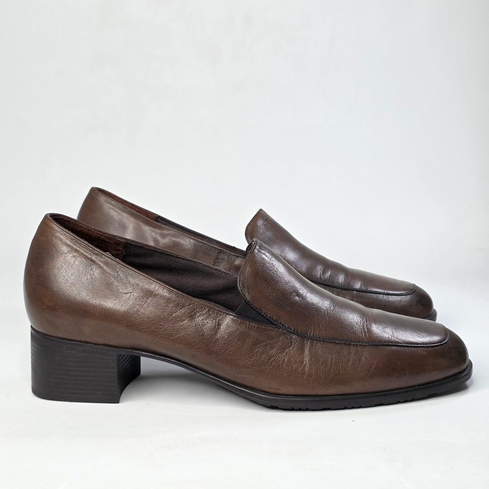 Munro American Loafers Womens Size 9 W Brown Leather Square Toe Block Heel Shoes - Picture 1 of 13